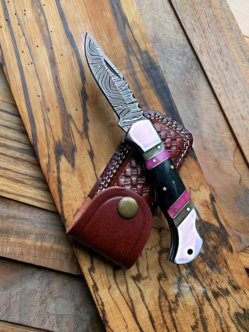 KBS Knives Store Folding Knives Best Folding Pocket Knife with Buffalo Horn and Color Wood Spacers Handle, 3 Inches Blade Length and Leather Case - For Sale by KBS Knives Store.