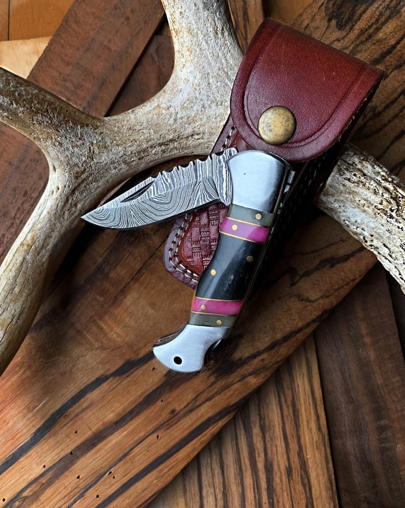 KBS Knives Store Folding Knives Best Folding Pocket Knife with Buffalo Horn and Color Wood Spacers Handle, 3 Inches Blade Length and Leather Case - For Sale by KBS Knives Store.