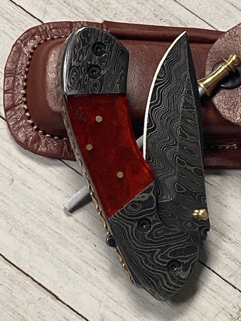 KBS Knives Store Folding Knives Best Folding Pocket Knife with Pocket Clip and Epoxy Resin Handle, 3.2 Inches Blade Length and Leather Case - For Sale by KBS Knives Store