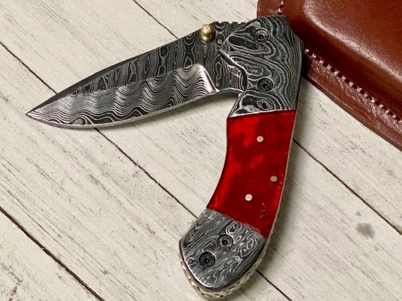 KBS Knives Store Folding Knives Best Folding Pocket Knife with Pocket Clip and Epoxy Resin Handle, 3.2 Inches Blade Length and Leather Case - For Sale by KBS Knives Store