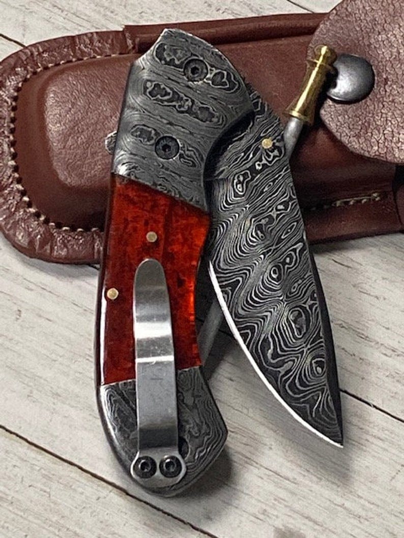 KBS Knives Store Folding Knives Best Folding Pocket Knife with Pocket Clip and Epoxy Resin Handle, 3.2 Inches Blade Length and Leather Case - For Sale by KBS Knives Store