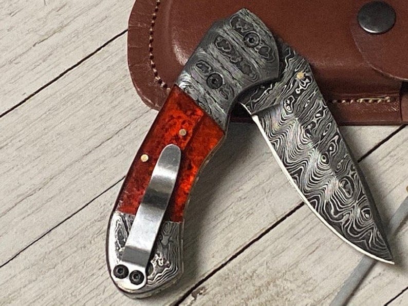 KBS Knives Store Folding Knives Best Folding Pocket Knife with Pocket Clip and Epoxy Resin Handle, 3.2 Inches Blade Length and Leather Case - For Sale by KBS Knives Store
