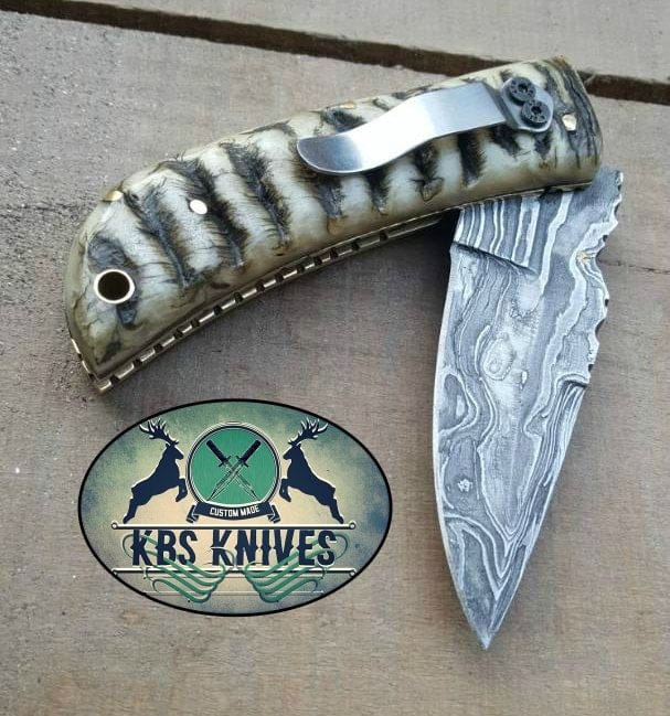 KBS Knives Store Folding Knives Custom Handmade Damascus Steel EDC Folding Knife With Pocket Clip