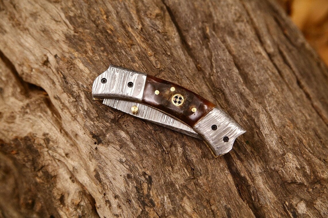 KBS Knives Store Folding Knives Custom Handmade Damascus Steel EDC Folding Pocket Knife – 3-Inch Blade, Sheep Horn Handle, Leather Case – Perfect Wedding Gift by KBS Knives