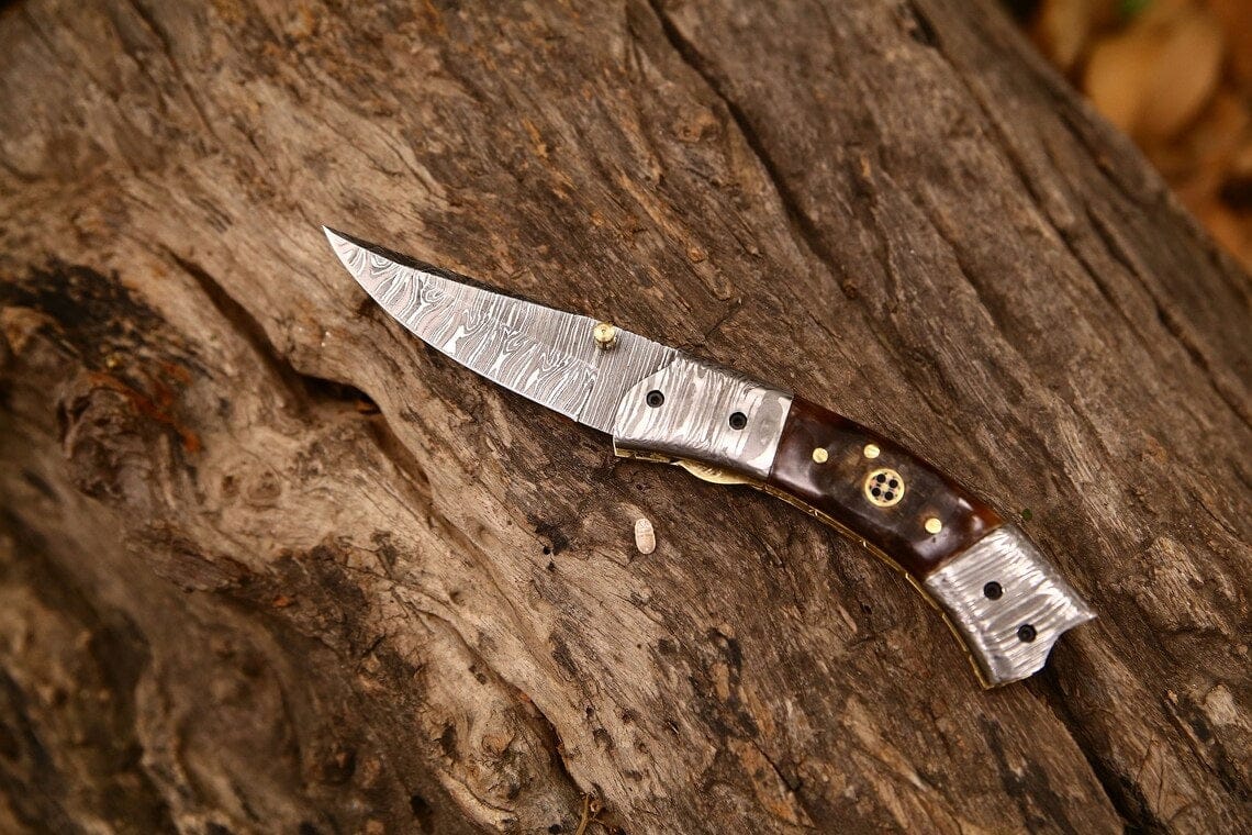 KBS Knives Store Folding Knives Custom Handmade Damascus Steel EDC Folding Pocket Knife – 3-Inch Blade, Sheep Horn Handle, Leather Case – Perfect Wedding Gift by KBS Knives