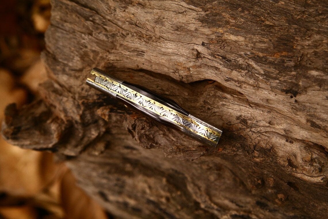 KBS Knives Store Folding Knives Custom Handmade Damascus Steel EDC Folding Pocket Knife – 3-Inch Blade, Sheep Horn Handle, Leather Case – Perfect Wedding Gift by KBS Knives