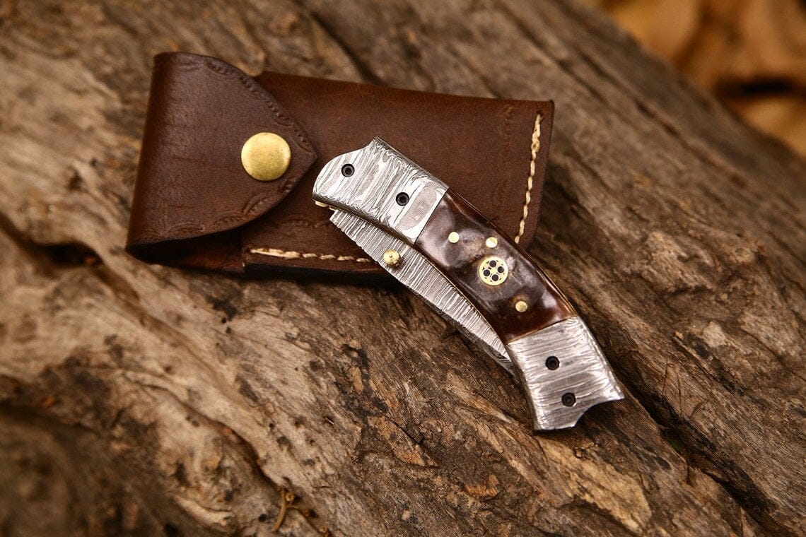 KBS Knives Store Folding Knives Custom Handmade Damascus Steel EDC Folding Pocket Knife – 3-Inch Blade, Sheep Horn Handle, Leather Case – Perfect Wedding Gift by KBS Knives