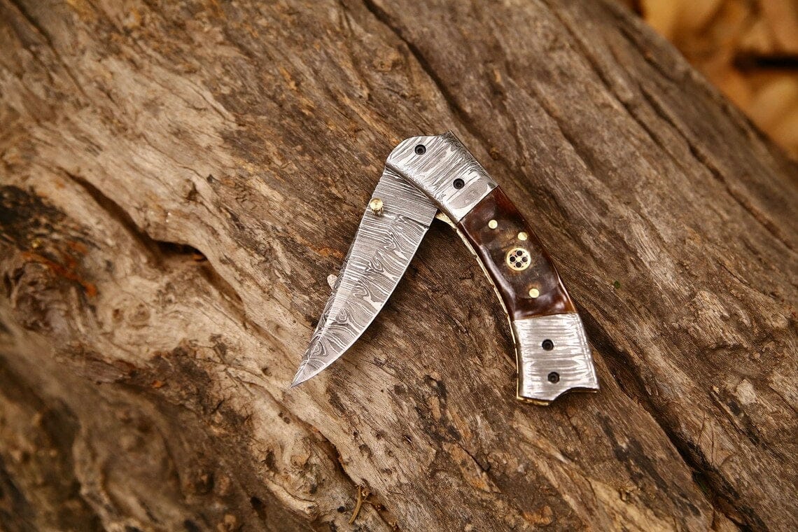 KBS Knives Store Folding Knives Custom Handmade Damascus Steel EDC Folding Pocket Knife – 3-Inch Blade, Sheep Horn Handle, Leather Case – Perfect Wedding Gift by KBS Knives