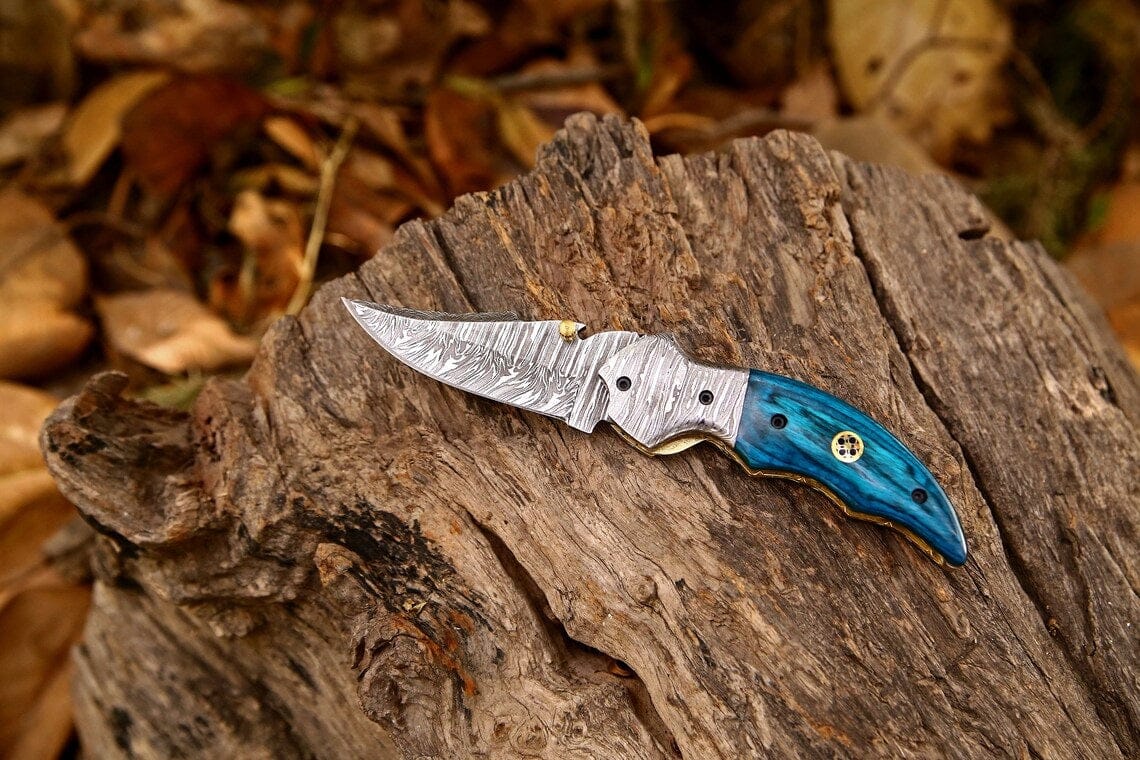 KBS Knives Store Folding Knives Custom Handmade Damascus Steel EDC Folding Pocket Knife – Exotic Wood Handle, 3-Inch Blade, Leather Case – Ideal Wedding Gift