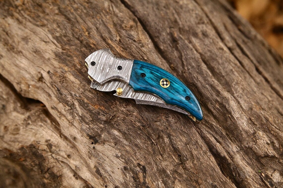 KBS Knives Store Folding Knives Custom Handmade Damascus Steel EDC Folding Pocket Knife – Exotic Wood Handle, 3-Inch Blade, Leather Case – Ideal Wedding Gift