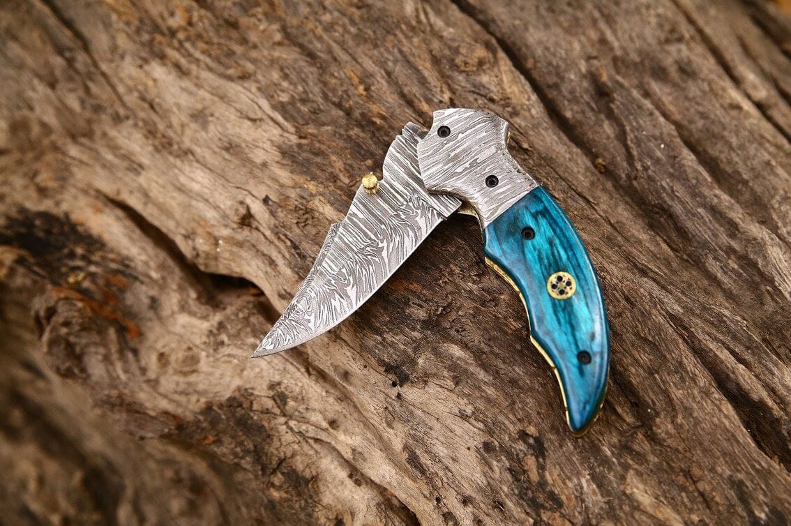 KBS Knives Store Folding Knives Custom Handmade Damascus Steel EDC Folding Pocket Knife – Exotic Wood Handle, 3-Inch Blade, Leather Case – Ideal Wedding Gift