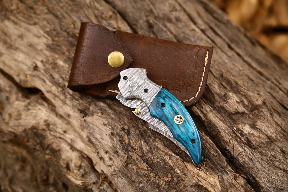KBS Knives Store Folding Knives Custom Handmade Damascus Steel EDC Folding Pocket Knife – Exotic Wood Handle, 3-Inch Blade, Leather Case – Ideal Wedding Gift