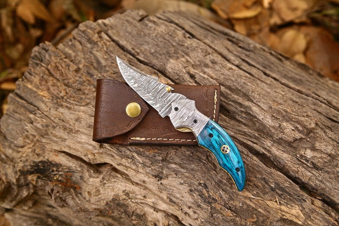 KBS Knives Store Folding Knives Custom Handmade Damascus Steel EDC Folding Pocket Knife – Exotic Wood Handle, 3-Inch Blade, Leather Case – Ideal Wedding Gift