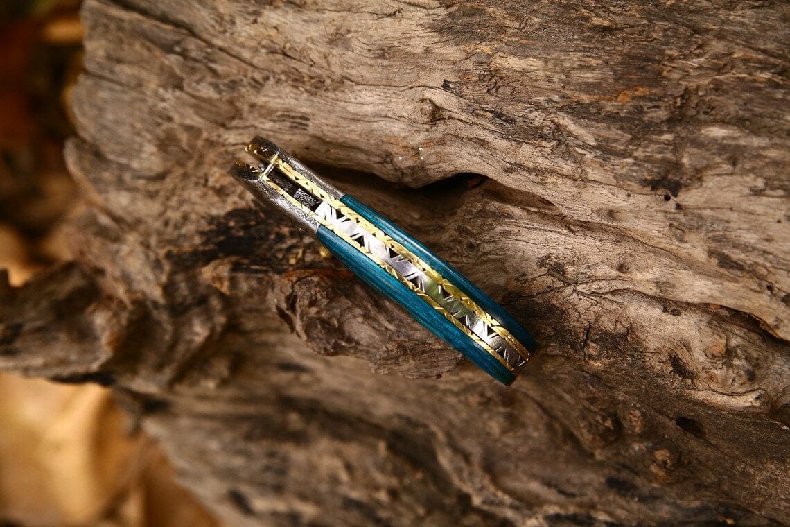 KBS Knives Store Folding Knives Custom Handmade Damascus Steel EDC Folding Pocket Knife – Exotic Wood Handle, 3-Inch Blade, Leather Case – Ideal Wedding Gift