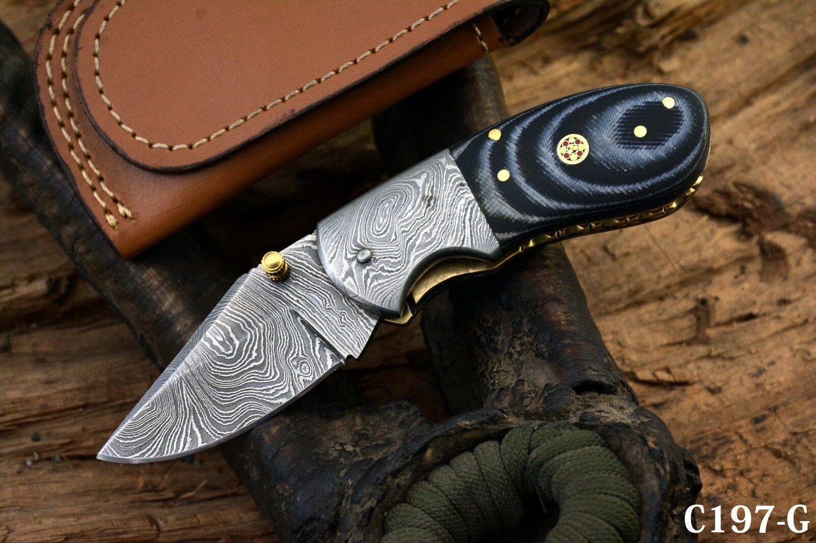 KBS Knives Store Folding Knives Custom Handmade Damascus Steel EDC Small Folding Pocket Knife with Canvas Micarta Handle and Leather Case by KBS Knives Store.