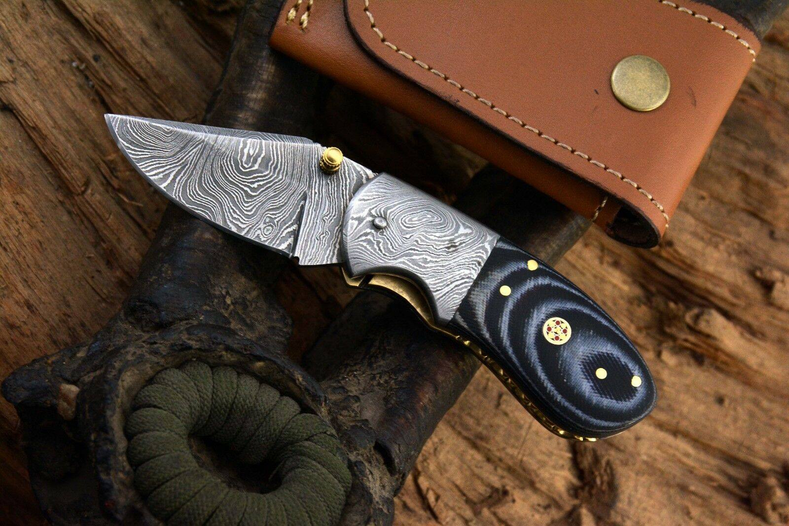 KBS Knives Store Folding Knives Custom Handmade Damascus Steel EDC Small Folding Pocket Knife with Canvas Micarta Handle and Leather Case by KBS Knives Store.