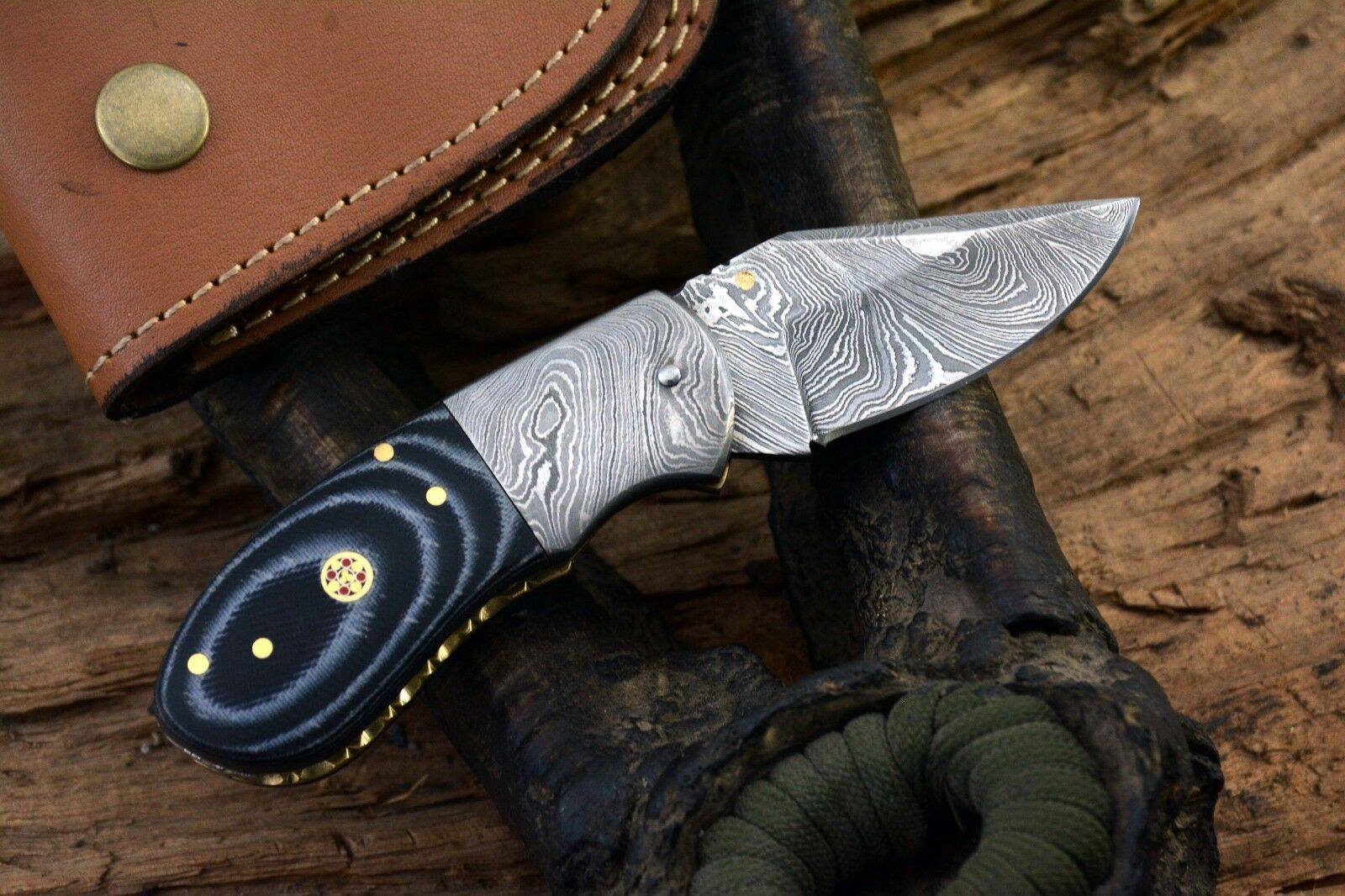 KBS Knives Store Folding Knives Custom Handmade Damascus Steel EDC Small Folding Pocket Knife with Canvas Micarta Handle and Leather Case by KBS Knives Store.