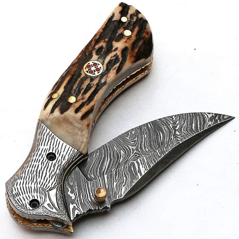 KBS Knives Store Folding Knives Custom Handmade Damascus Steel Engraved Folding Pocket Knife with Antler Horn Handle and Leather Case by KBS Knives Store.