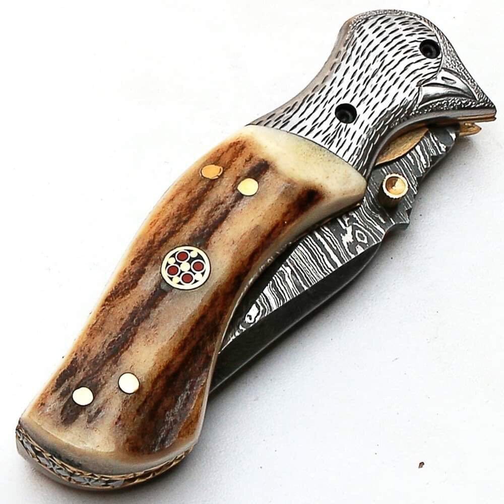 KBS Knives Store Folding Knives Custom Handmade Damascus Steel Engraved Folding Pocket Knife with Antler Horn Handle and Leather Case by KBS Knives Store.