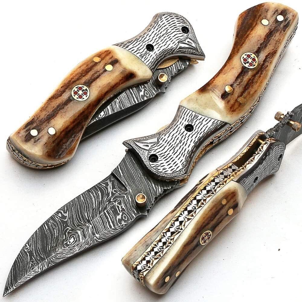 KBS Knives Store Folding Knives Custom Handmade Damascus Steel Engraved Folding Pocket Knife with Antler Horn Handle and Leather Case by KBS Knives Store.