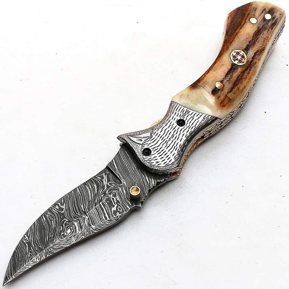 KBS Knives Store Folding Knives Custom Handmade Damascus Steel Engraved Folding Pocket Knife with Antler Horn Handle and Leather Case by KBS Knives Store.