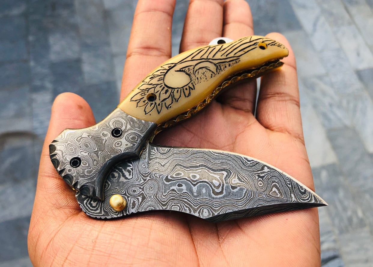 KBS Knives Store Folding Knives Custom Handmade Damascus Steel Engraved Folding Pocket Knife with Leather Case - KBS Knives Store