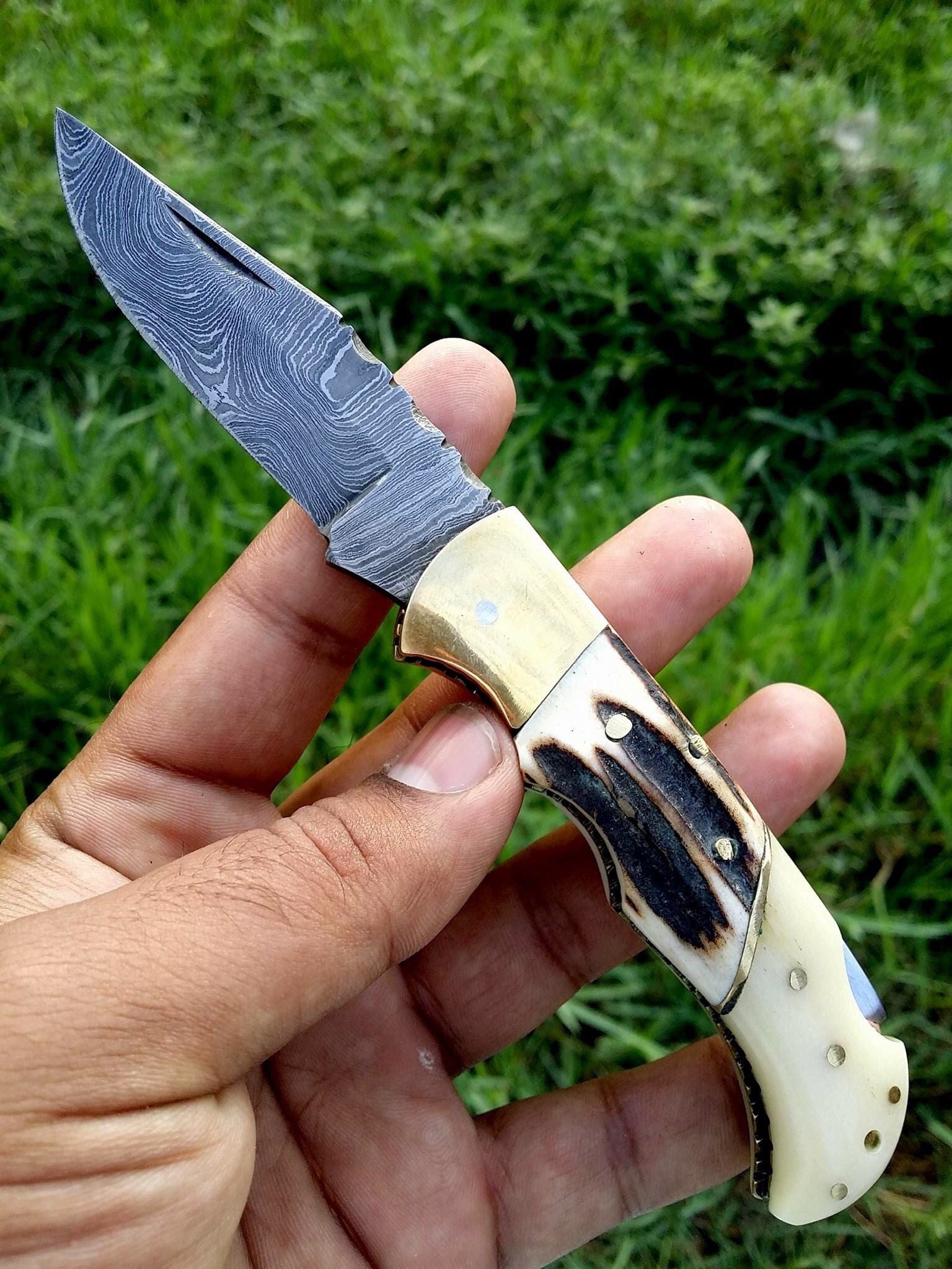 KBS Knives Store Folding Knives Custom Handmade Damascus Steel Folding Pocket Knife with Antler Horn, Bone, and Brass Bolster Handle and Leather Case