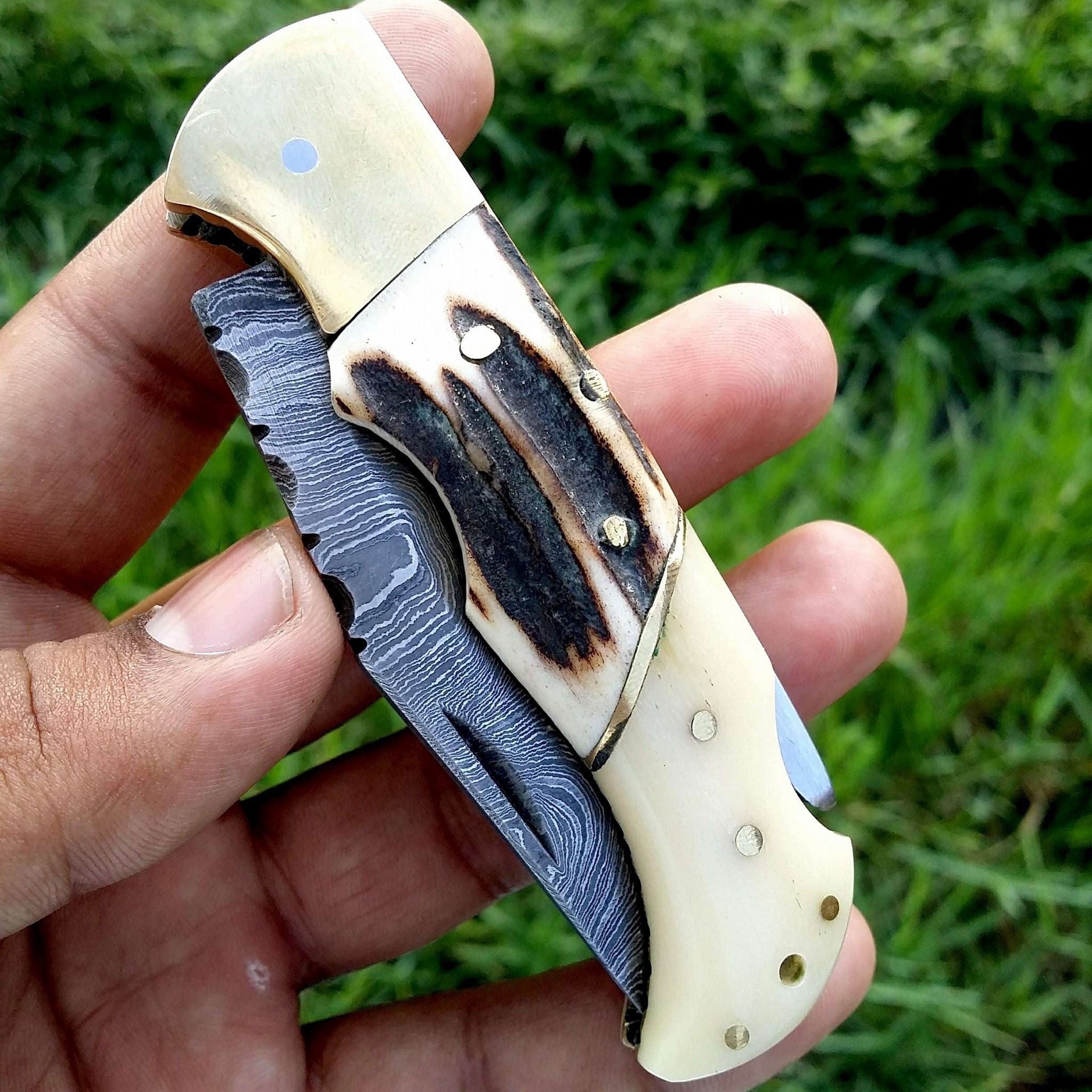 KBS Knives Store Folding Knives Custom Handmade Damascus Steel Folding Pocket Knife with Antler Horn, Bone, and Brass Bolster Handle and Leather Case