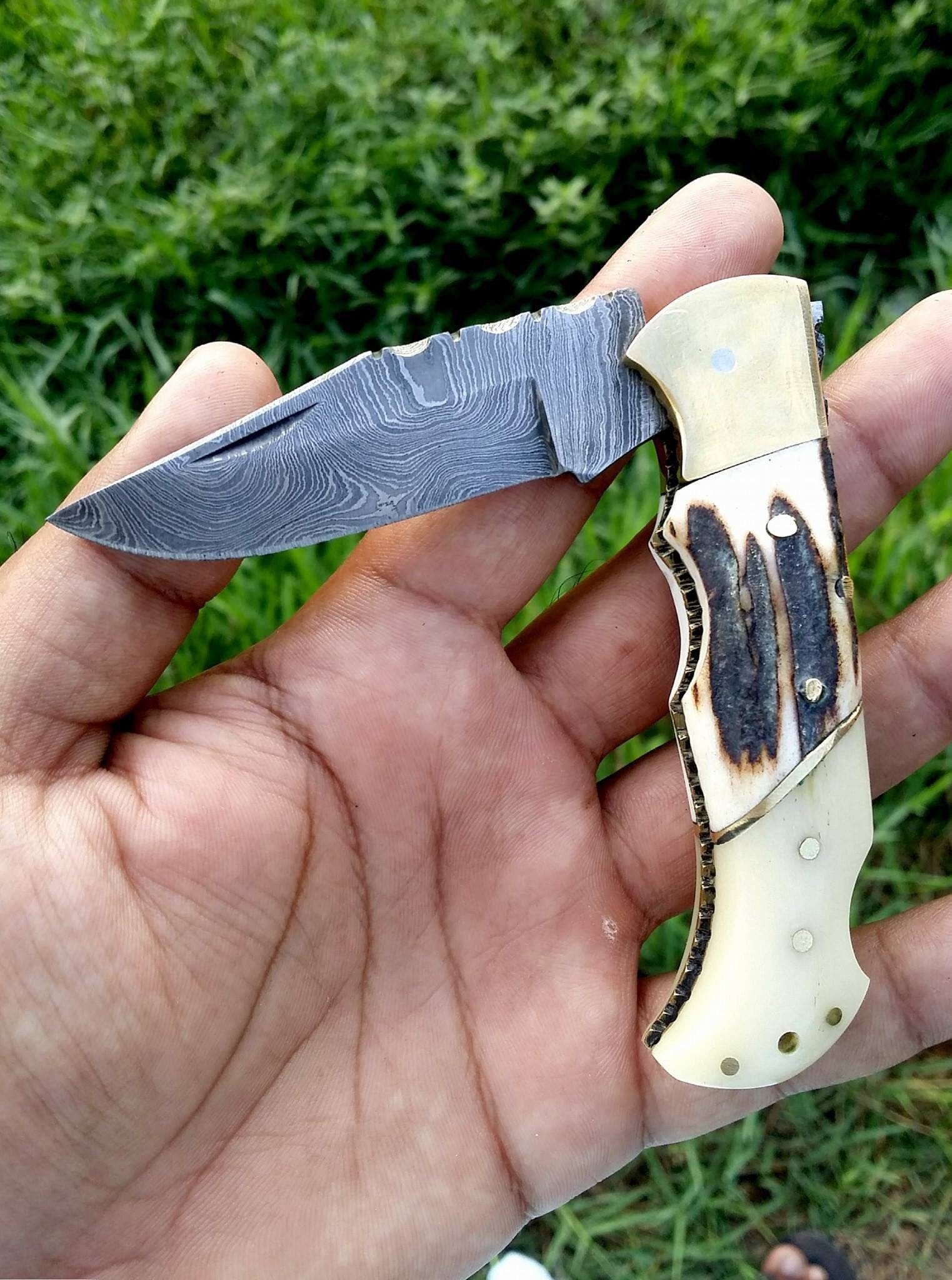 KBS Knives Store Folding Knives Custom Handmade Damascus Steel Folding Pocket Knife with Antler Horn, Bone, and Brass Bolster Handle and Leather Case