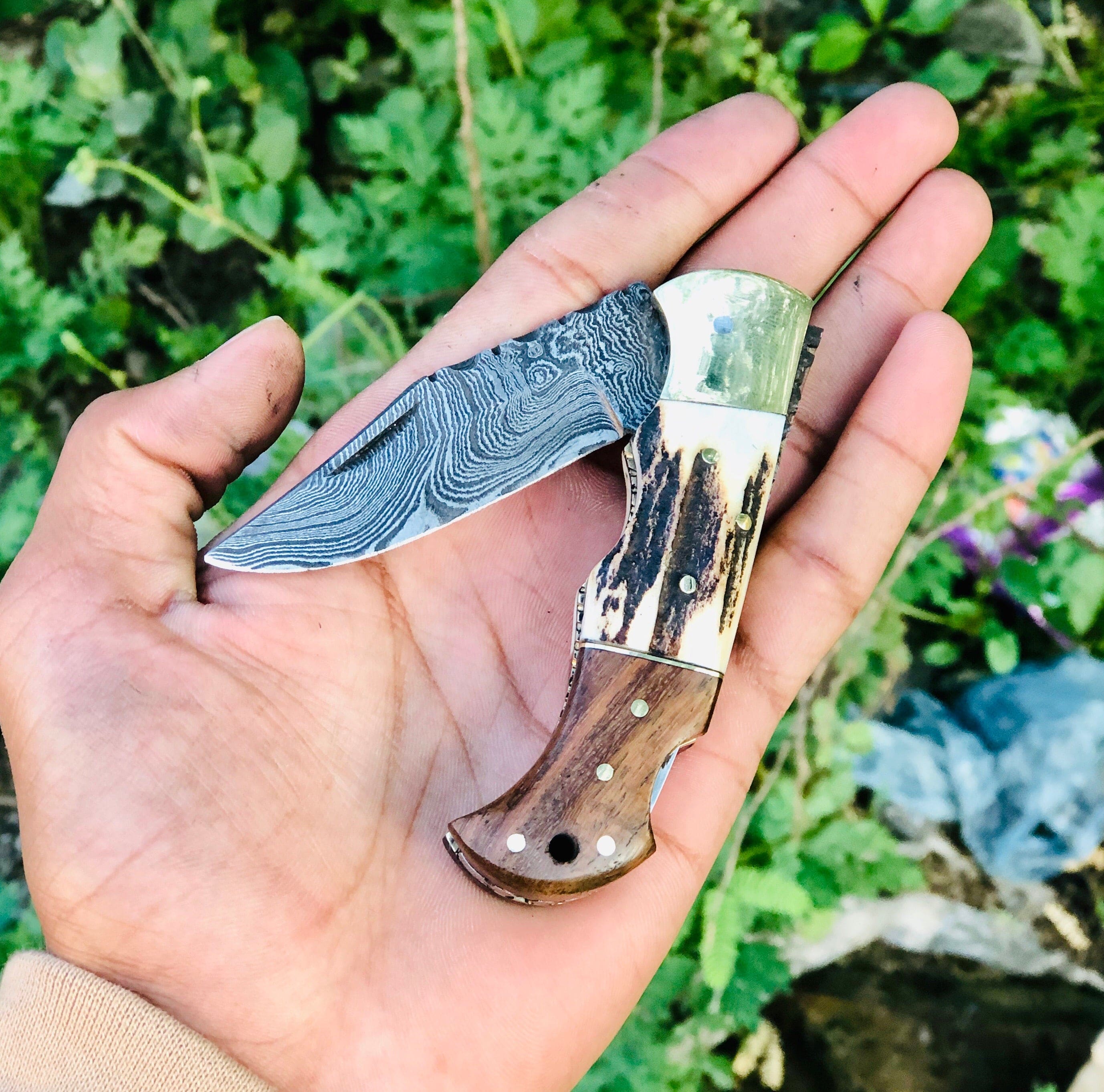 KBS Knives Store Folding Knives Custom Handmade Damascus Steel Folding Pocket Knife with Rosewood, Antler Horn, and Brass Bolster Handle and Leather Case