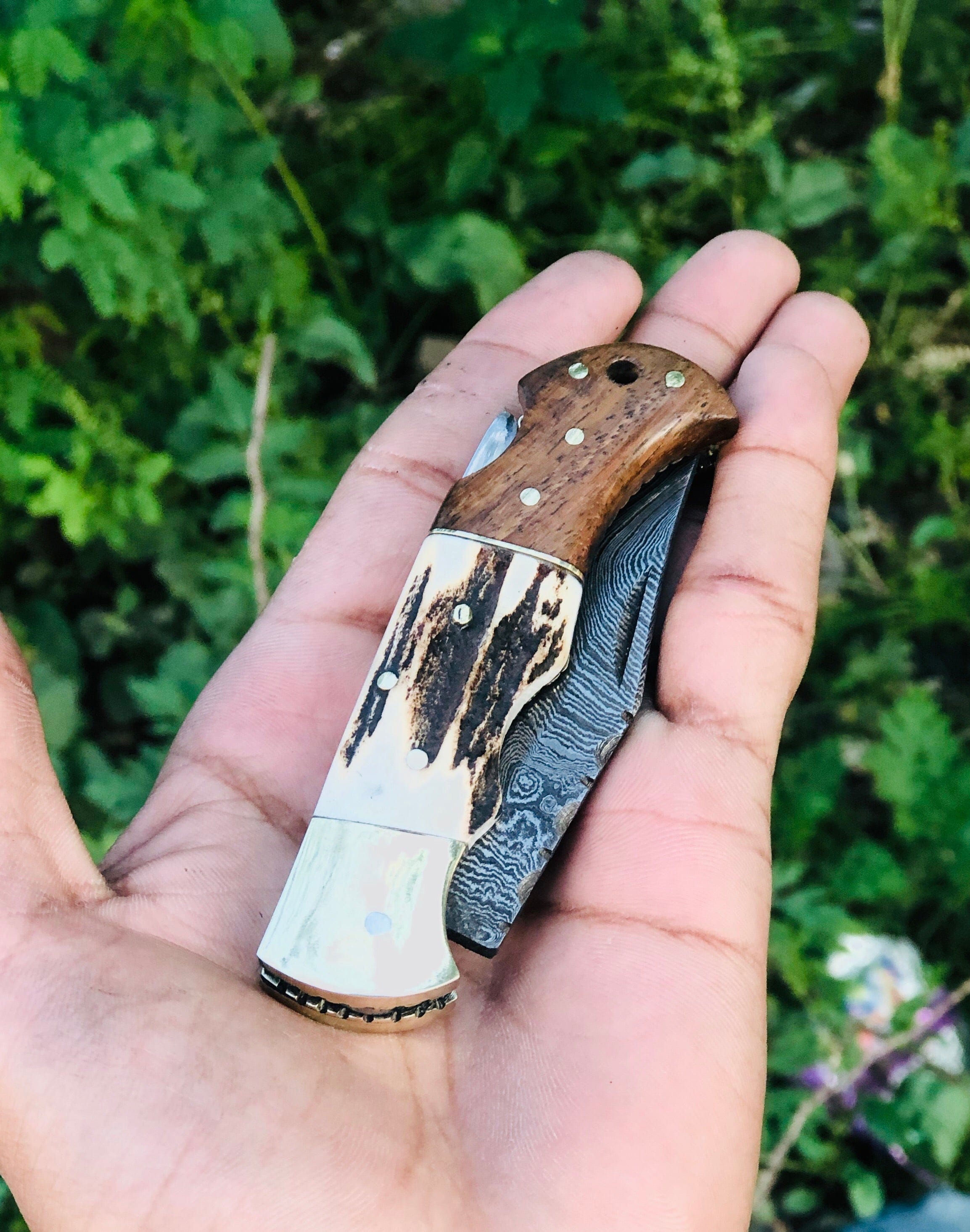 KBS Knives Store Folding Knives Custom Handmade Damascus Steel Folding Pocket Knife with Rosewood, Antler Horn, and Brass Bolster Handle and Leather Case