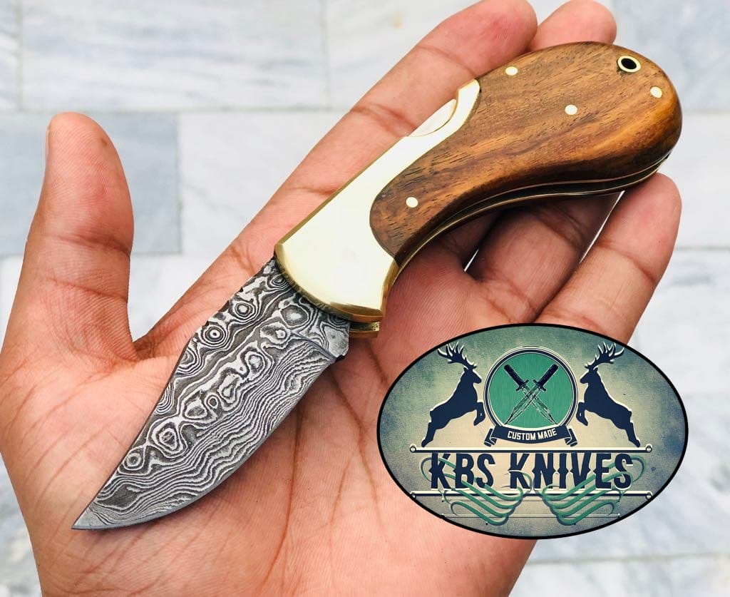 KBS Knives Store Folding Knives Custom Handmade Damascus Steel New Folding Pocket Knife with Rosewood Handle and Leather Case by KBS Knives Store.