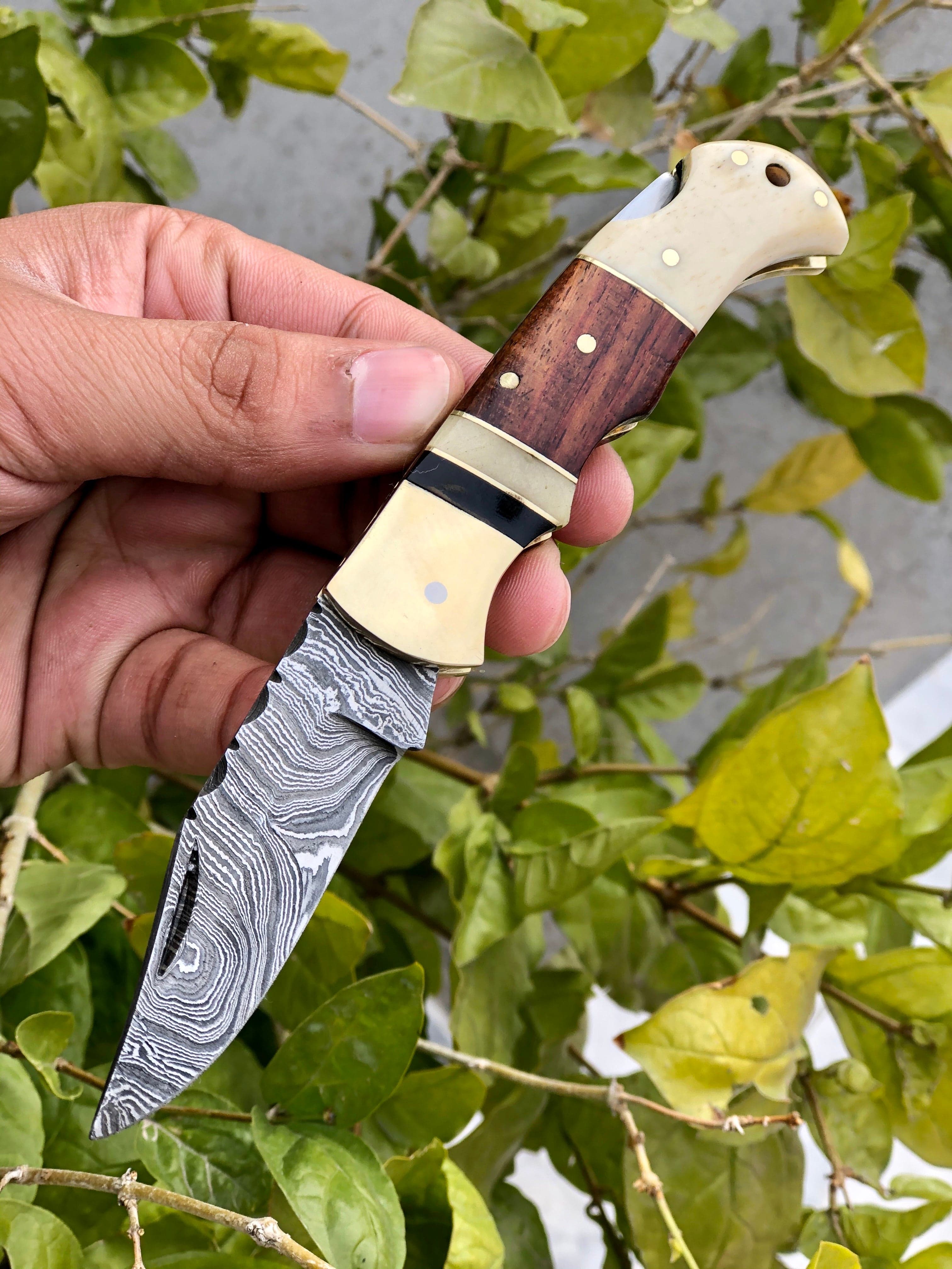 KBS Knives Store Folding Knives Custom Handmade Damascus Steel Small Folding Pocket Knife with Bone, Rosewood, and Brass Bolsters Handle