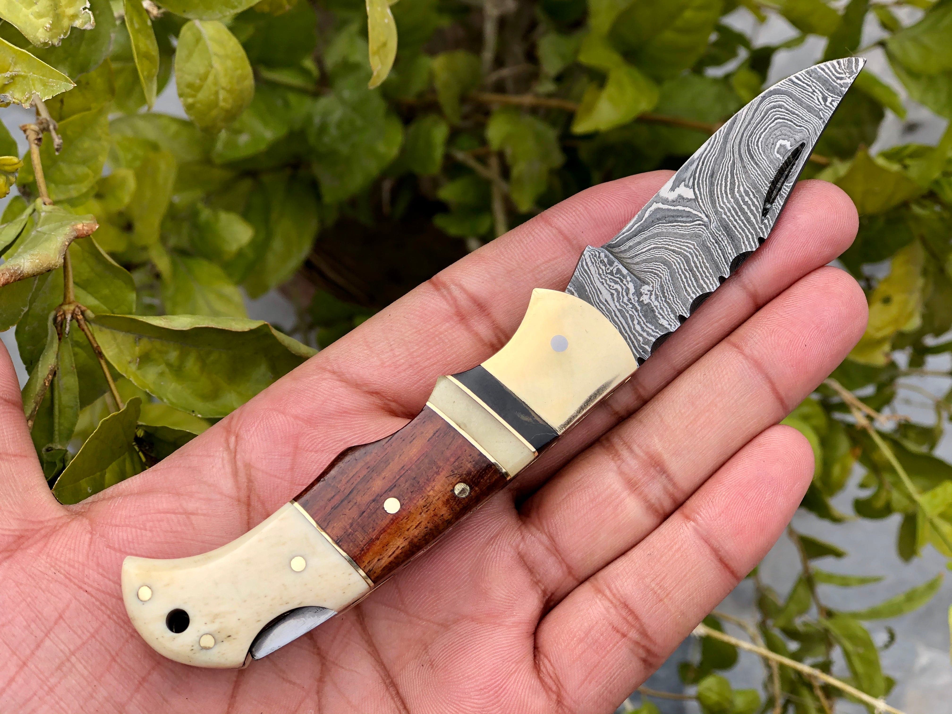 KBS Knives Store Folding Knives Custom Handmade Damascus Steel Small Folding Pocket Knife with Bone, Rosewood, and Brass Bolsters Handle