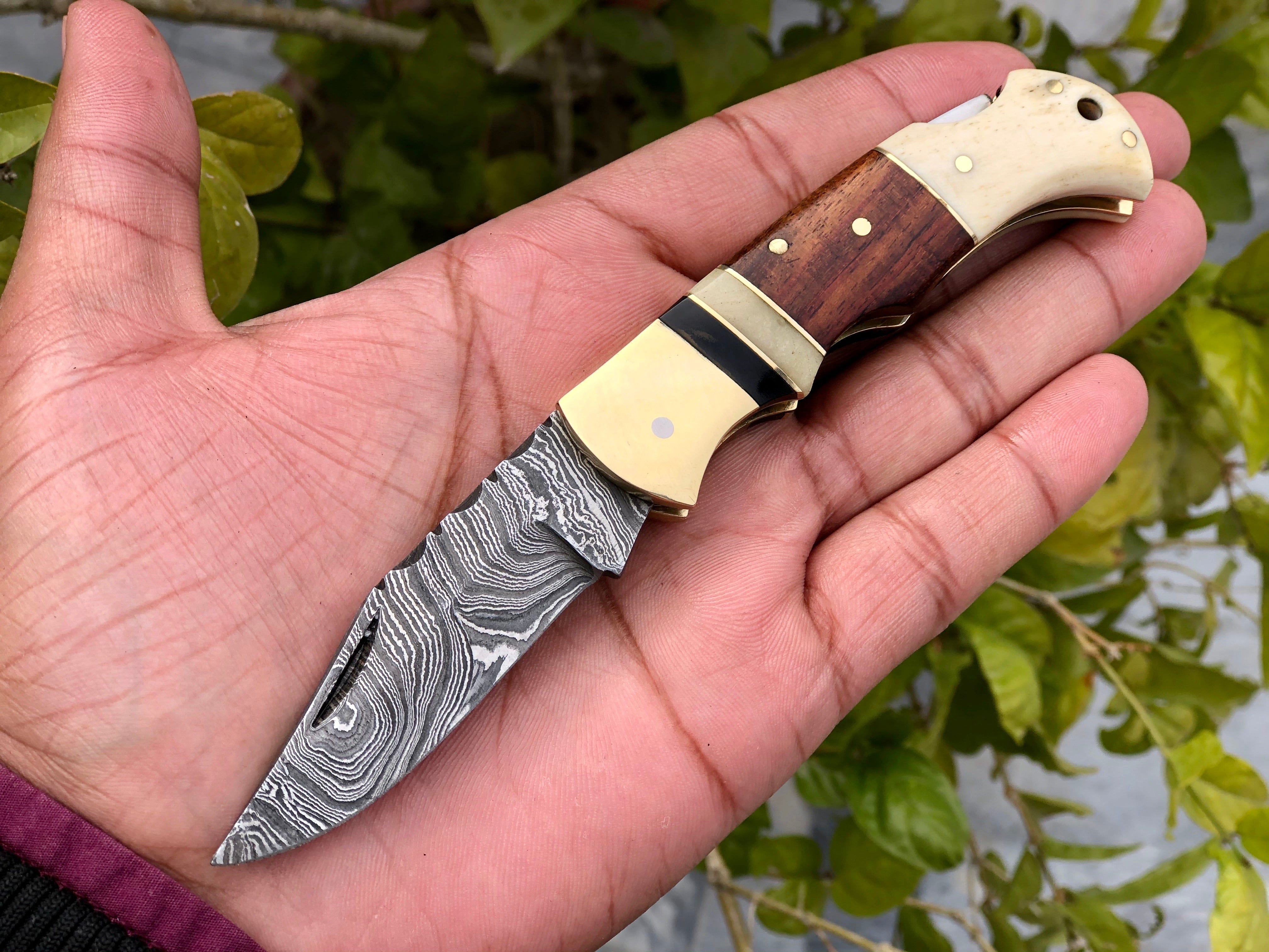KBS Knives Store Folding Knives Custom Handmade Damascus Steel Small Folding Pocket Knife with Bone, Rosewood, and Brass Bolsters Handle