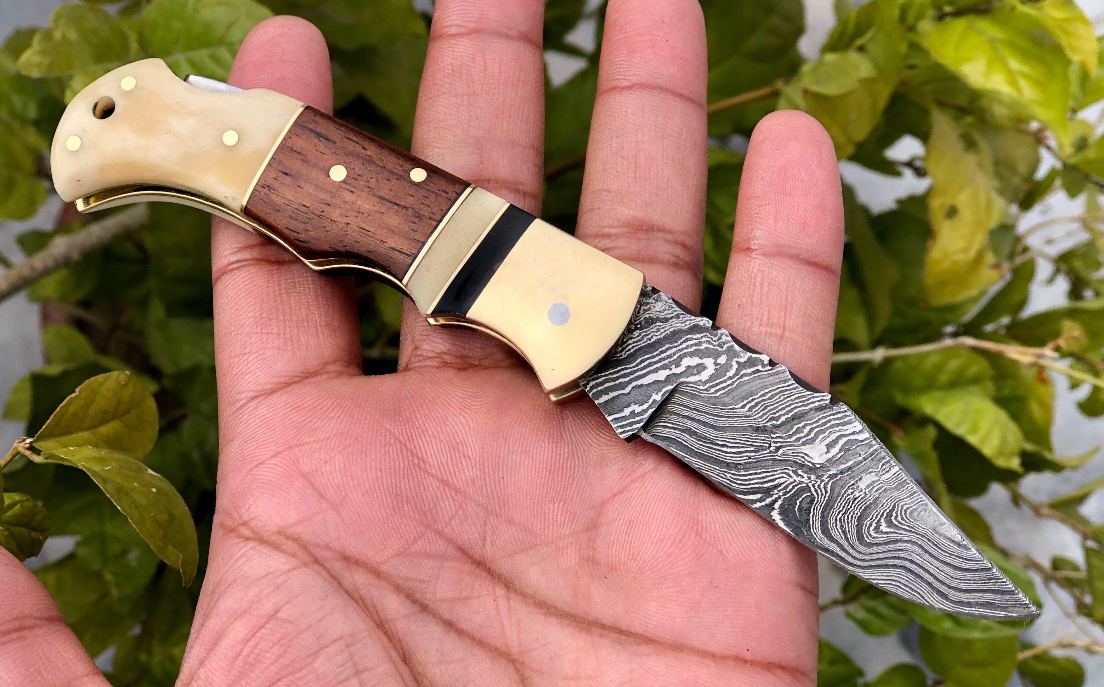 KBS Knives Store Folding Knives Custom Handmade Damascus Steel Small Folding Pocket Knife with Bone, Rosewood, and Brass Bolsters Handle
