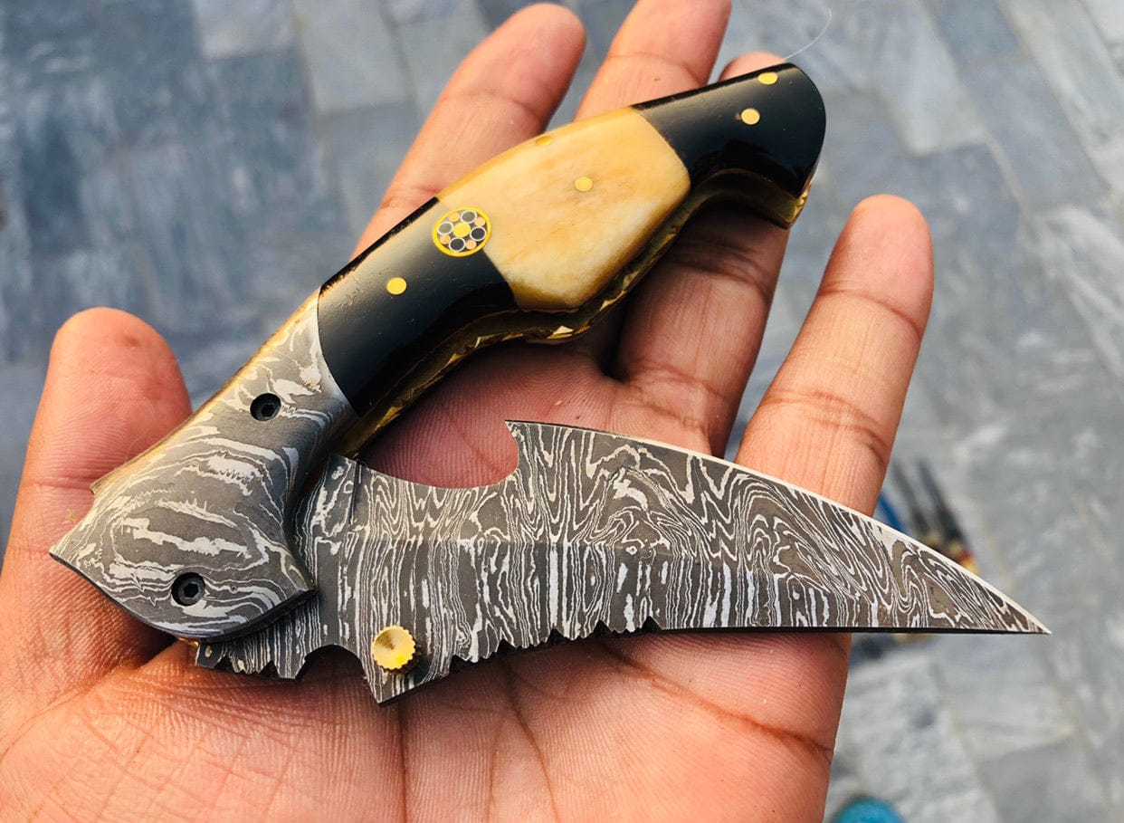 KBS Knives Store Folding Knives Custom Handmade Damascus Steel Tactical Folding Pocket Knife with Bone and Buffalo Horn Handle and Leather Case by KBS Knives Store