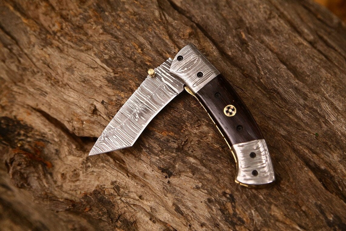 KBS Knives Store Folding Knives Custom Handmade Damascus Steel Tanto Blade EDC Folding Pocket Knife | 3-Inch Blade, Wenge Wood Handle, Leather Case | Groomsman Gift