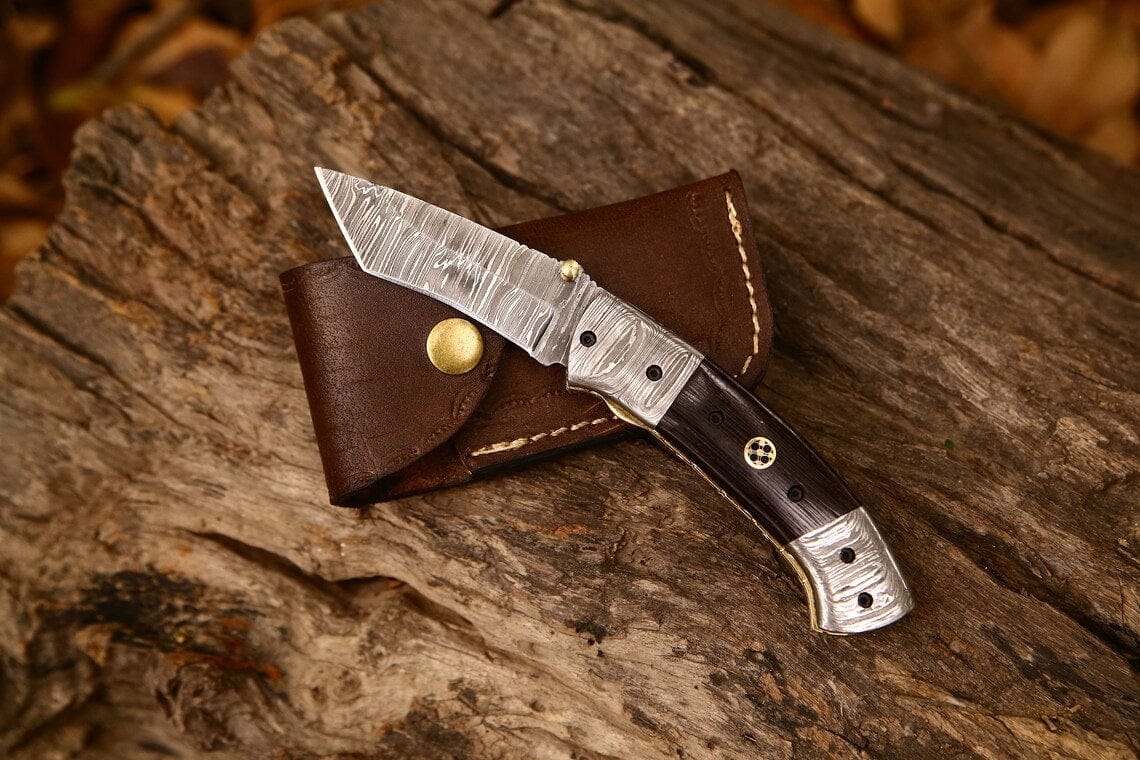 KBS Knives Store Folding Knives Custom Handmade Damascus Steel Tanto Blade EDC Folding Pocket Knife | 3-Inch Blade, Wenge Wood Handle, Leather Case | Groomsman Gift