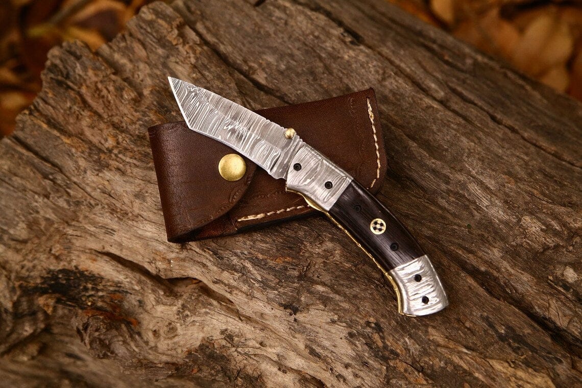 KBS Knives Store Folding Knives Custom Handmade Damascus Steel Tanto Blade EDC Folding Pocket Knife | 3-Inch Blade, Wenge Wood Handle, Leather Case | Groomsman Gift