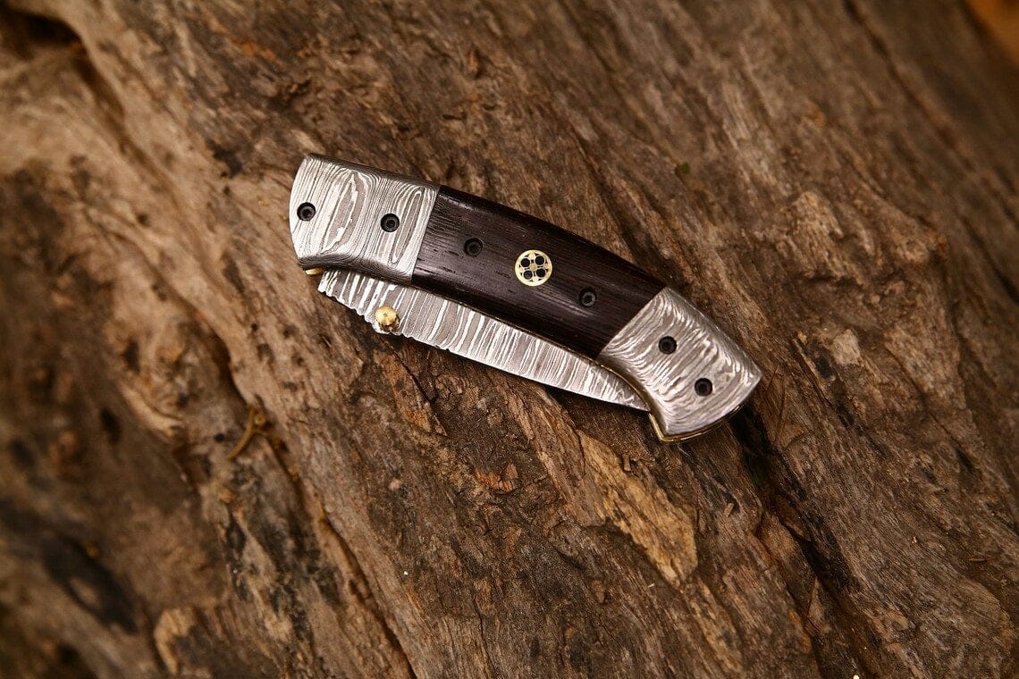 KBS Knives Store Folding Knives Custom Handmade Damascus Steel Tanto Blade EDC Folding Pocket Knife | 3-Inch Blade, Wenge Wood Handle, Leather Case | Groomsman Gift