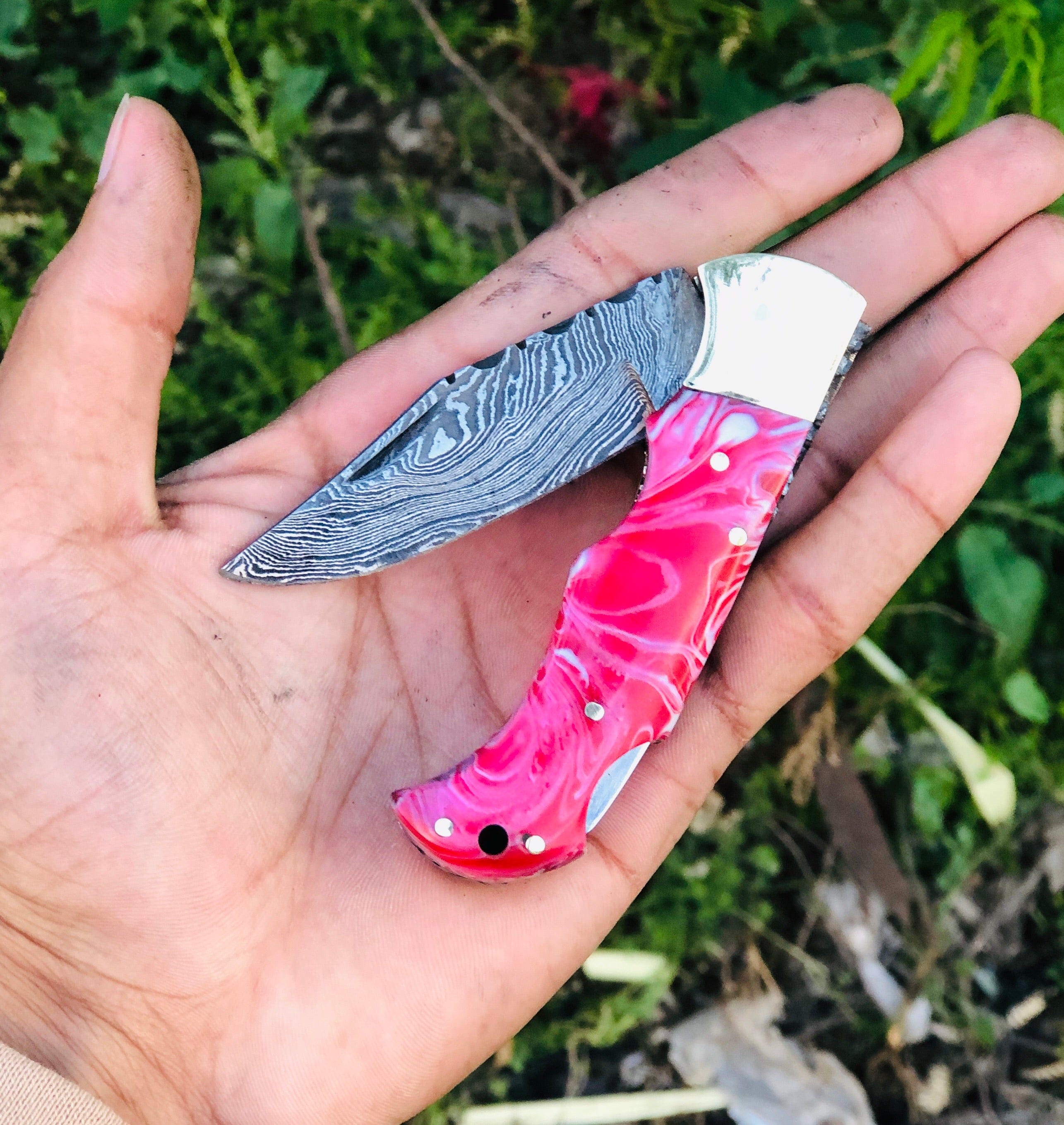 KBS Knives Store Folding Knives Custom Handmade Damascus Steel Top Best Folding Pocket Knife with Epoxy Resin Handle and Leather Case by KBS Knives Store.