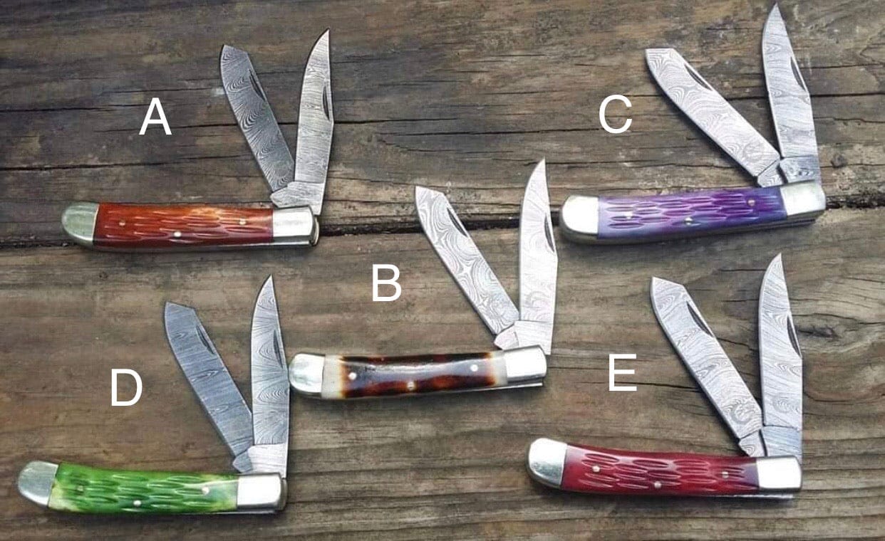 KBS Knives Store Folding Knives Custom Handmade Damascus Steel Trapper Folding Pocket Knife with Colored Bone Handle and Leather Case by KBS Knives Store