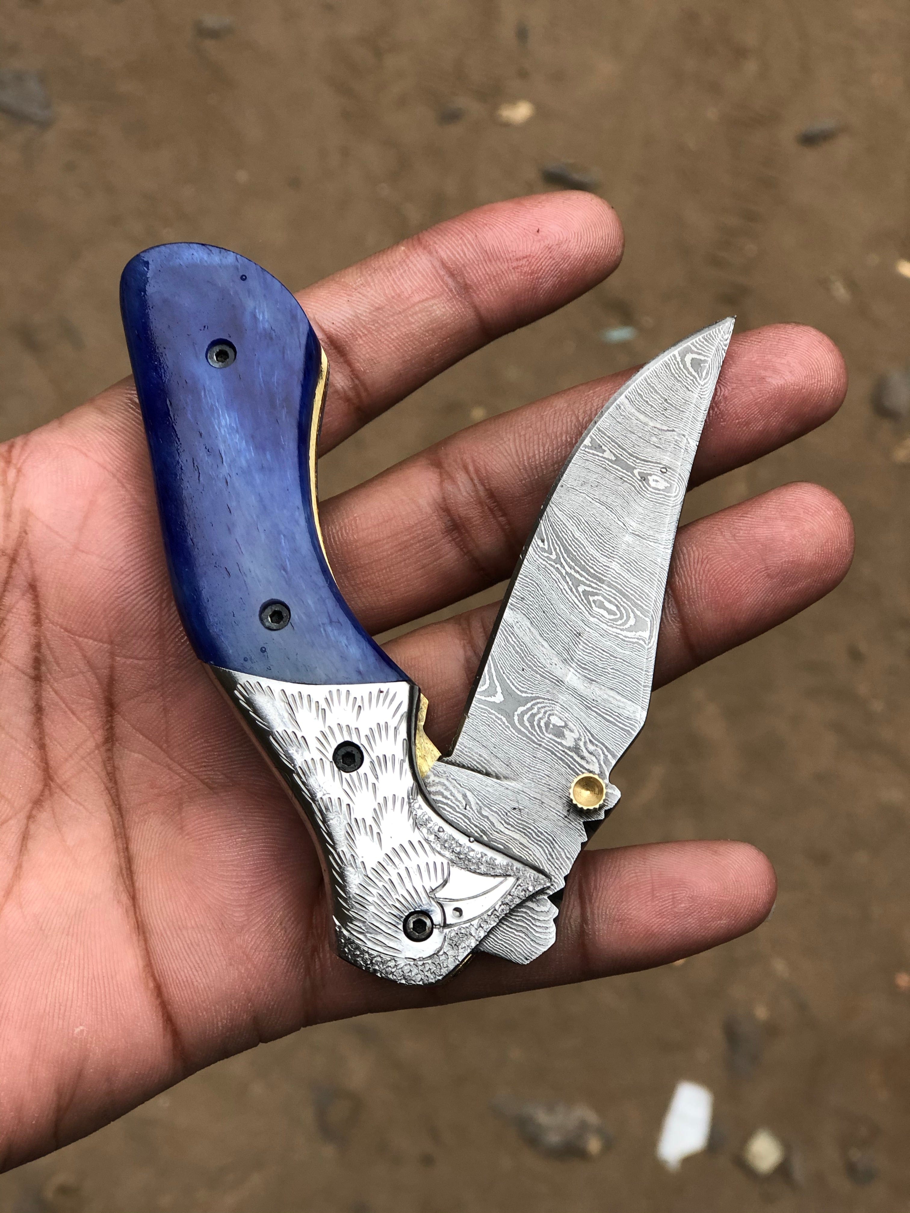 KBS Knives Store Folding Knives Custom Handmade Damascus Steel Unique Folding Pocket Knife with Colored Bone Handle and Leather Case by KBS Knives Store