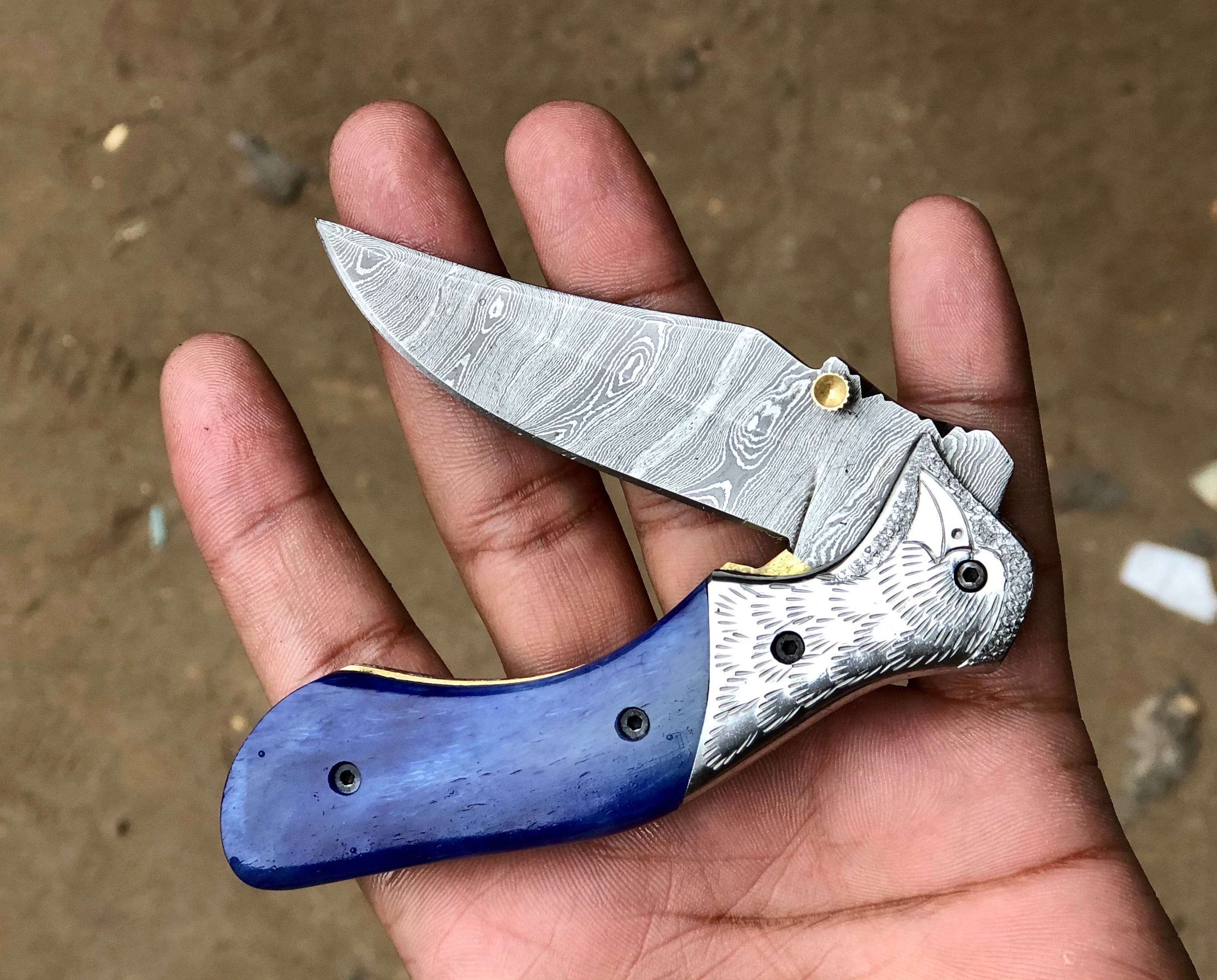 KBS Knives Store Folding Knives Custom Handmade Damascus Steel Unique Folding Pocket Knife with Colored Bone Handle and Leather Case by KBS Knives Store