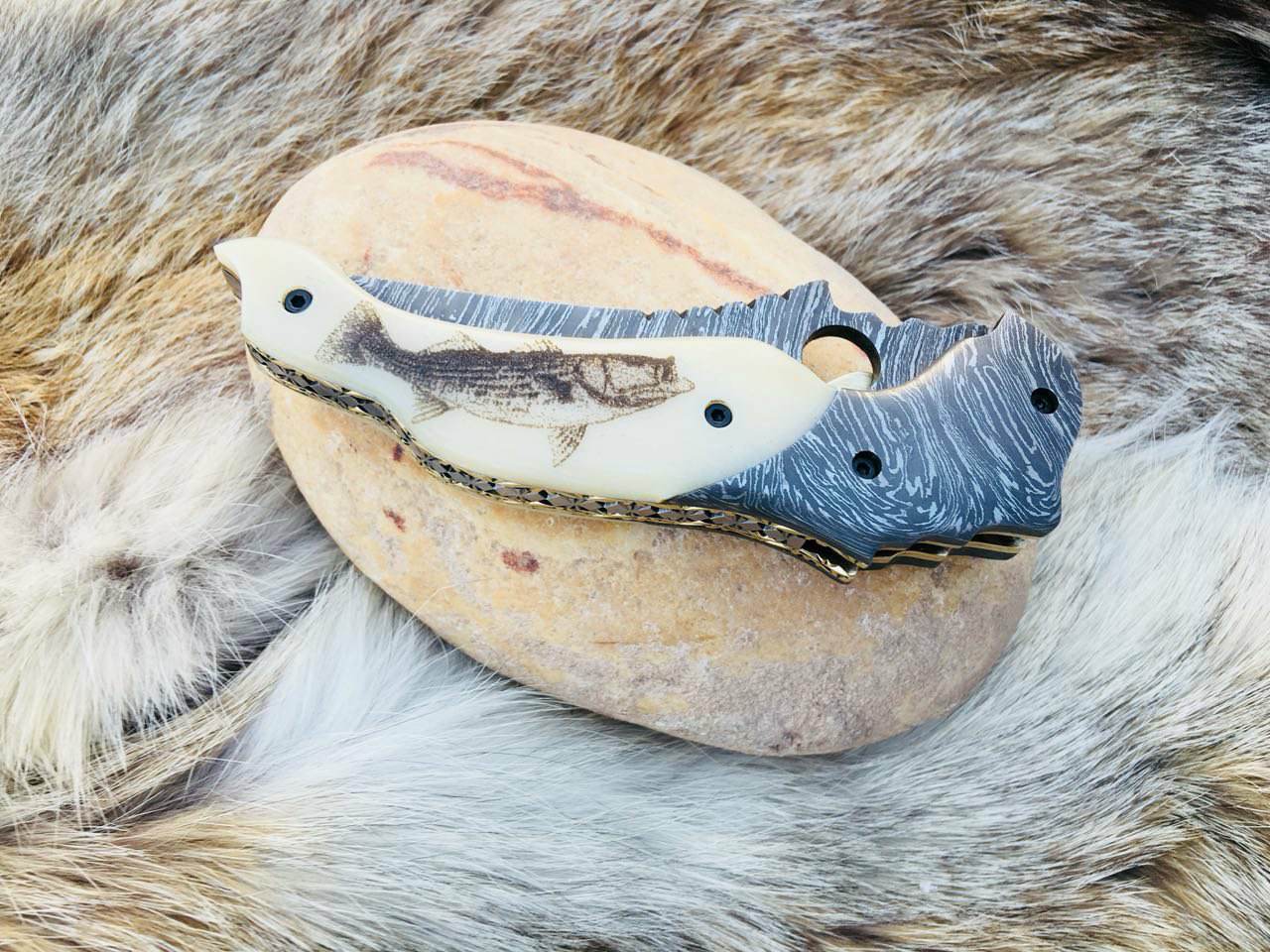 KBS Knives Store Folding Knives Custom Handmade Damascus Steel Unique Folding Pocket Knife with Engraved Bone Handle and Leather Case