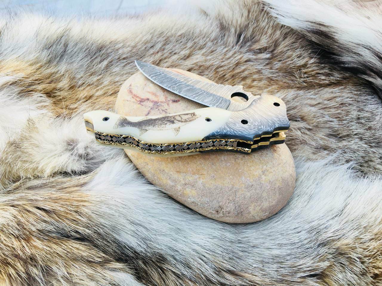 KBS Knives Store Folding Knives Custom Handmade Damascus Steel Unique Folding Pocket Knife with Engraved Bone Handle and Leather Case