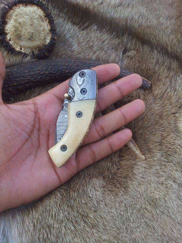 KBS Knives Store Folding Knives Everyday Carry Damascus Steel Folding Pocket Knife with Bone Handle & Damascus Bolster