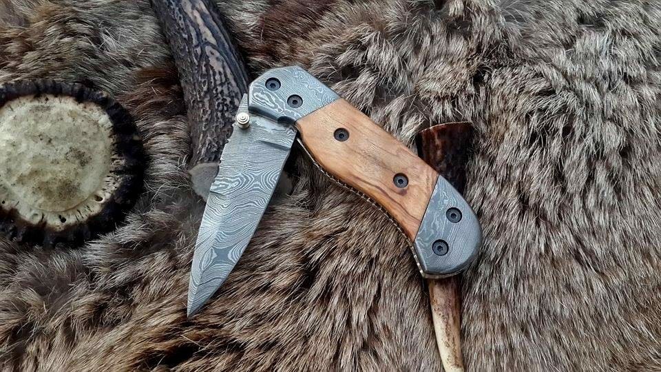 KBS Knives Store Folding Knives Everyday Carry Damascus Steel Folding Pocket Knife with Olivewood Handle – The Woodland Edge