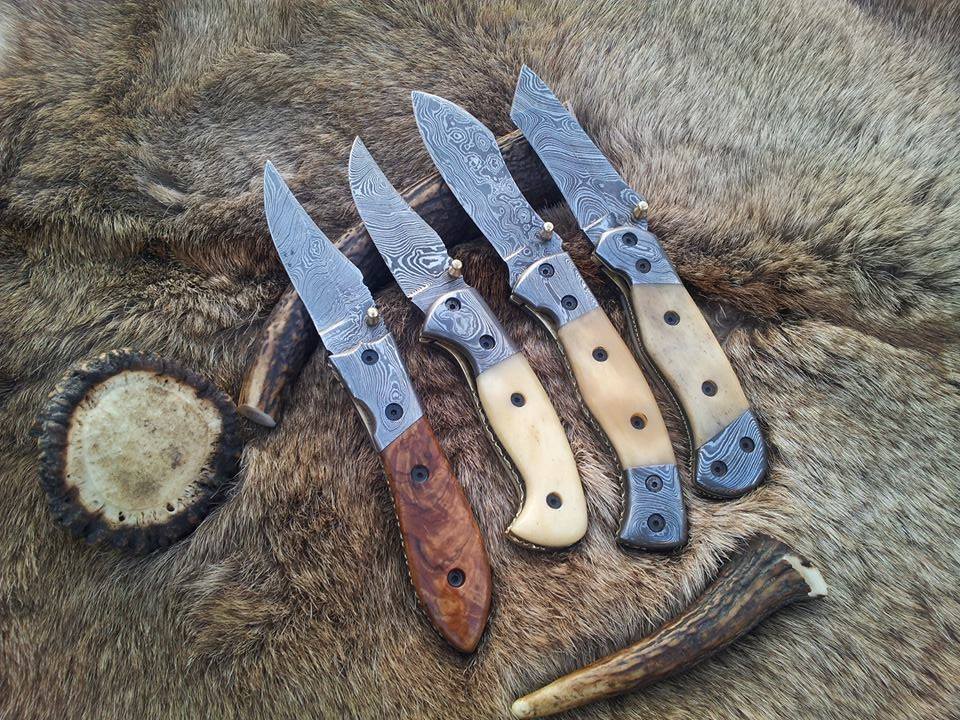 KBS Knives Store Folding Knives Everyday Carry Deal of 3 Damascus Steel Folding Pocket Knives with Bone and Burl Olivewood Handles – The Trio Edge